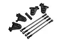 Traxxas TRX-4 Short to Long Wheelbase Conversion Kit parts including four black plastic chassis mounts, a small tube, and four metal suspension links.