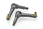 Two Tamiya metal steering hubs with threaded shafts and brass ball studs, isolated on a white background.