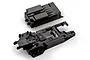 Two black plastic Tamiya Hotshot RC car chassis components shown from a high angle against a white background.