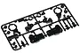 A black plastic Tamiya parts sprue labeled D containing various gear box links and small RC components.