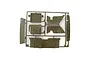 Olive green plastic parts tree for Tamiya Wild Willy 2, including a jerry can, tailgate, and interior panels.