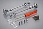 Tamiya 1/14 scale metal air horn set for RC trucks, including two chrome horns, a small screwdriver, screws, and washers on a grey background.