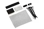 Tamiya Hotshot window net set including black mesh, foam strips, zip ties, and plastic mounting hardware on a white background.
