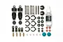Tamiya C.V.A Super Mini Shock Kit components including plastic shock bodies, springs, shafts, oil, and hardware on a white background.