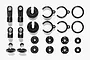 A set of black plastic RC shock absorber components including rod ends, spacers, and O-rings arranged on a white background.
