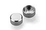 Two silver Tamiya aluminium shock caps shown from top and bottom angles against a white background.