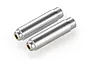 Two silver-coloured metal RC shock absorber bodies with threaded ends and brass-coloured inserts, isolated on a white background.