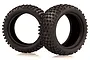 Two black rubber RC buggy tyres with a square-pin tread pattern, shown from an angled perspective against a white background.