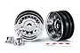 Two chrome and black 1.9-inch RC crawler rims with two matching chrome center caps and a small sticker sheet on a white background.