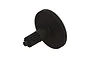A black plastic spur gear with an integrated shaft, shown from an angled perspective against a white background.