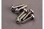 A cluster of six silver-colored metal washer head screws with coarse threads resting on a grey surface.