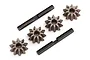 Traxxas steel differential gear set including four small bevel gears and two metal cross pins on a white background.