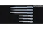 A set of six clear plastic pipettes, including three long and three short ones, arranged on a black background.