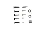 A selection of Tamiya RC hardware including screws, washers, and metal spacers arranged on a white background.