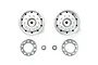 Two Tamiya 1/14 scale matte silver metal-plated truck rims with accompanying hub rings and washers on a white background.