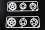 Two identical white plastic sprues each containing three five-spoke RC buggy wheels against a black background.