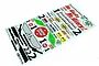 A Tamiya Frog RC car decal sheet featuring various racing logos, numbers, and graphics on a white background.