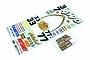A Tamiya Hotshot RC car decal sheet featuring various logos, numbers, and caution labels on a white background.