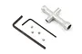 Tamiya tool set including a silver cross wrench, two L-shaped hex keys, and four small grub screws on a white background.