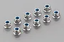 Ten silver 4mm flanged nyloc nuts with blue nylon inserts arranged on a light grey surface.