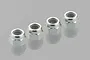 Four silver 4mm nyloc nuts arranged in a row on a reflective grey surface.