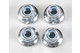 Four silver 4mm flanged nyloc nuts arranged in a square pattern on a white background.