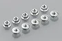 Ten Tamiya 3mm silver steel flanged serrated nuts arranged in a grid on a light grey background.