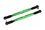 Two green anodized aluminum toe links for Traxxas X-Maxx RC car, featuring black plastic rod ends and metal pivot balls.