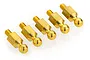 Five gold-coloured metal 5mm pivot balls for RC cars arranged in a diagonal line on a white background.