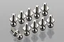Ten silver-coloured metal pivot balls with threaded shafts arranged on a reflective grey surface.