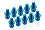 Ten blue anodized aluminium pivot balls with threaded shafts arranged in a grid on a white background.