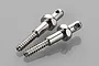 Two silver-coloured metal RC body mount posts with threaded ends and a hole at the top, set against a grey reflective background.