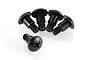 Five black metal shoulder screws with binder heads and Phillips drive, arranged on a white background.