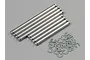 A set of Tamiya stainless steel suspension pins and C-clips for RC vehicles arranged on a grey surface.