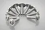 A collection of ten silver metal washer head screws arranged in a semi-circle on a reflective light grey background.
