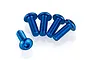 Five blue anodized metal button head screws with hex sockets arranged on a white background.