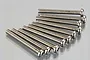 A set of ten silver-coloured metal binder head screws arranged in a fan pattern against a light grey background.