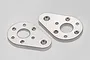 Two silver-coloured metal steering hub pivot ball mounting plates for Tamiya RC cars, shown on a light grey background.