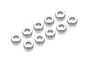 Ten small silver-coloured metal spacers arranged in a grid on a white background.