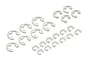 A collection of various sized metal E-clips arranged on a white background.