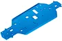 A blue anodized aluminium RC car chassis plate with various mounting holes and cutouts, shown from an elevated angle on a white background.
