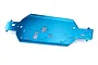 A blue anodized aluminium RC car chassis plate with various mounting holes and cutouts, isolated on a white background.