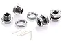 A set of grey aluminium RC wheel hex adapters with locking nuts and pins on a white background.