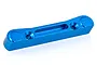 A blue anodized aluminium front lower suspension arm pin mount for an RC car, shown against a white background.