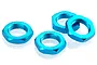 Four blue anodized aluminium serrated wheel nuts for RC cars arranged on a white background.