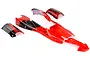 A set of pre-painted red and black RC buggy body panels for a Rovan Baja 5B, displayed against a white background.
