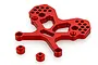 A red anodized aluminium front shock tower for an RC car, featuring multiple mounting holes and two separate red aluminium spacers.