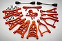 A complete red aluminium extended suspension upgrade kit for Rovan Baja RC cars, including arms, drive shafts, and hardware on a white background.