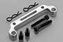 A silver metal Rovan Baja 5B roll cage mount with two black bolts, two small threaded standoffs, and two black R-clips on a grey background.