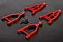 Rovan red aluminium front suspension arm set for RC cars, including four arms and mounting hardware on a dark background.
